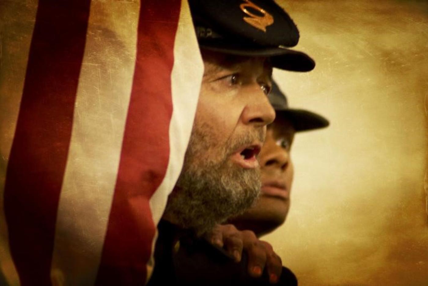 Actors Mitch Capel and Sonny Kelly dressed as Civil War soldiers.