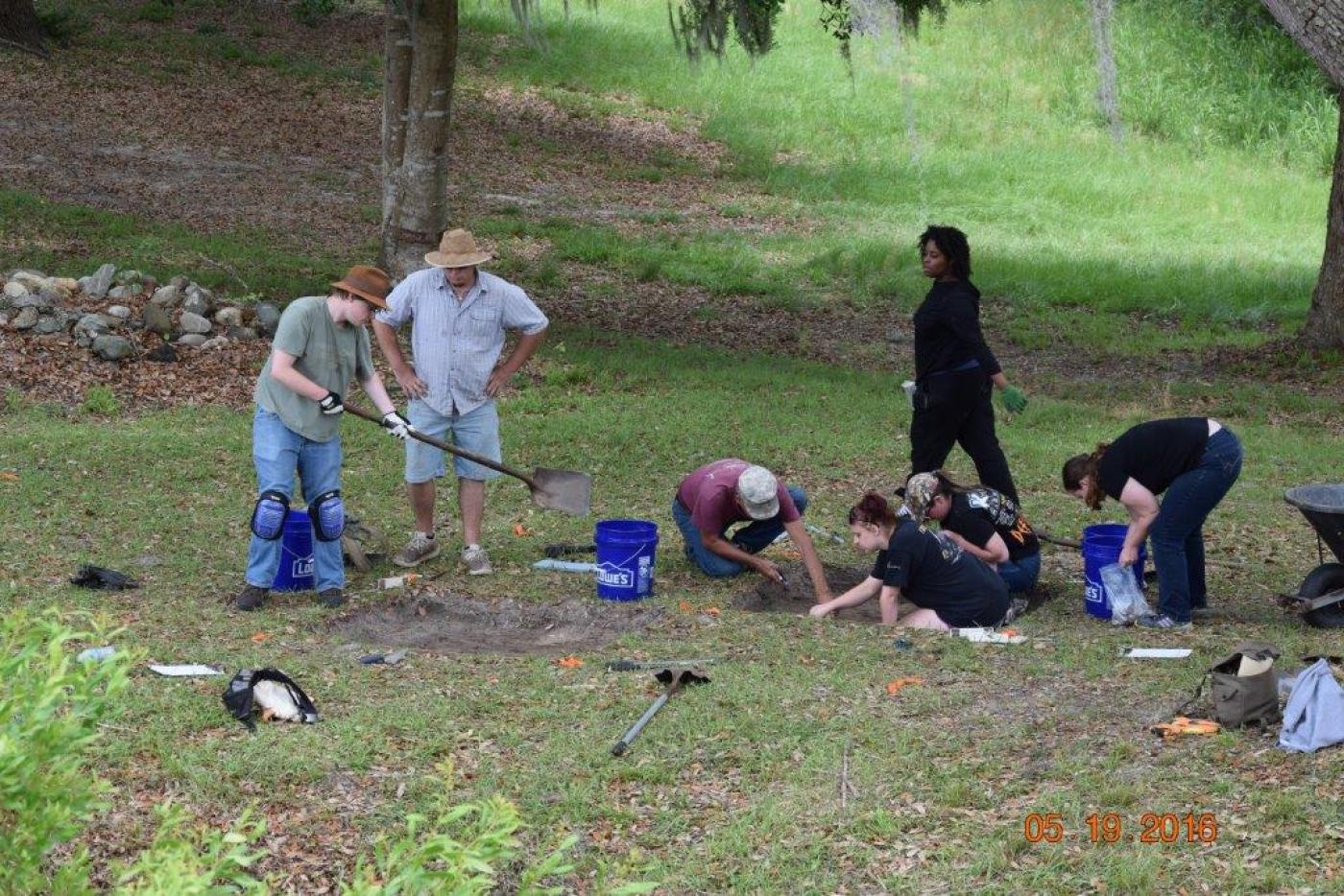 Archaeology students digging in a field.
