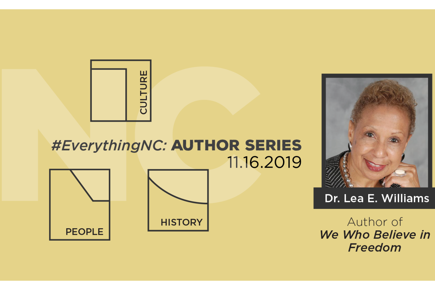 A graphic for Everything NC's Author Series Featuring Dr. Lea E. Williams.