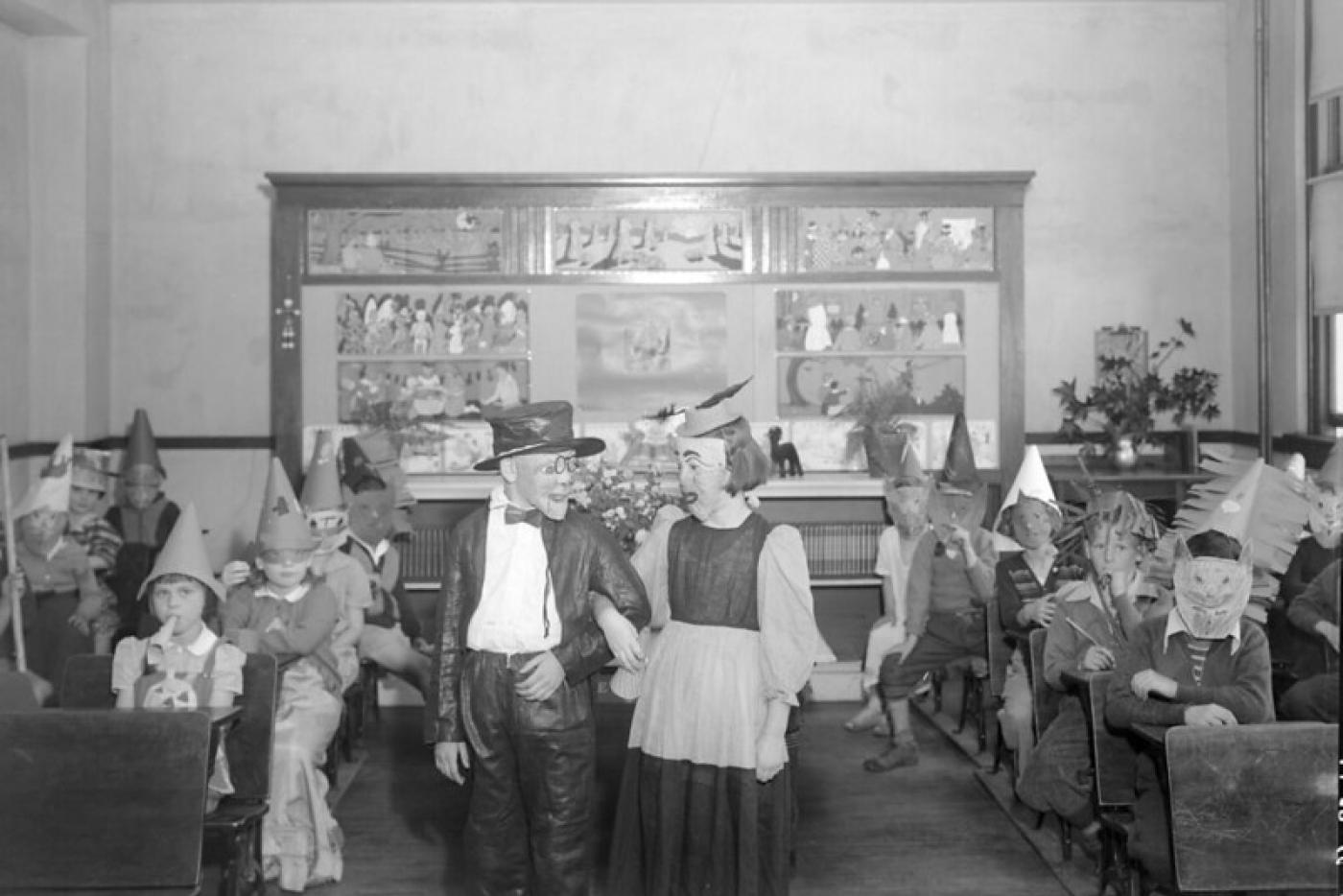A black and white photo of children in Halloween costumes. Photograph from the Albert Barden Collection, Methodist Orphanage Halloween Party, Oct. 1945,