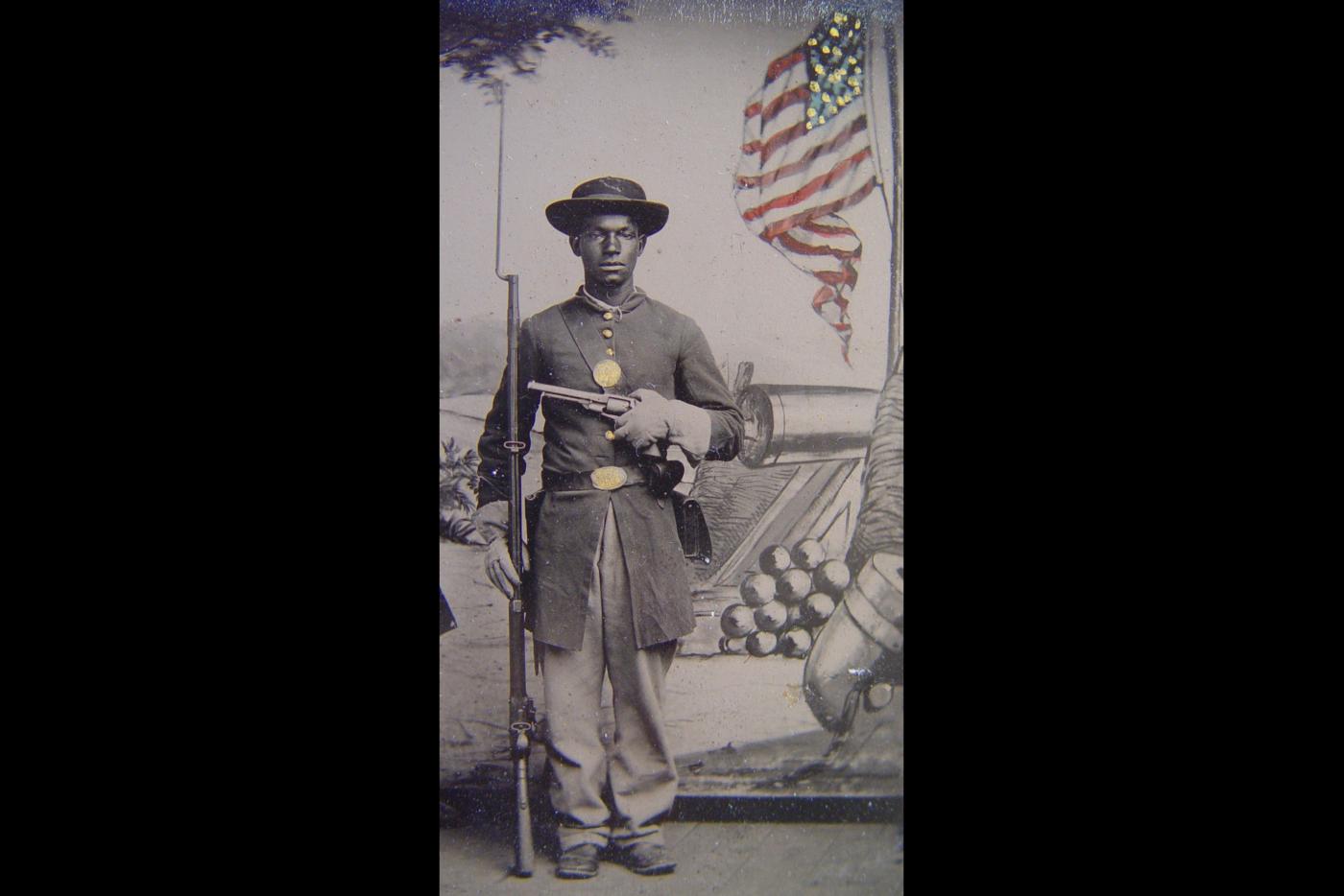 An African American soldier serving in the Civil War.