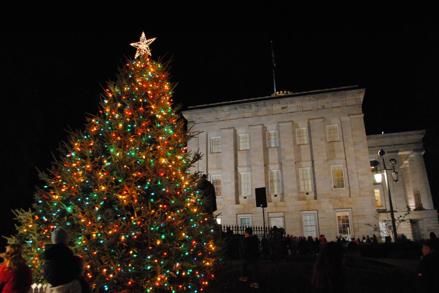 Lit Christmas tree at North Carolina Capitol