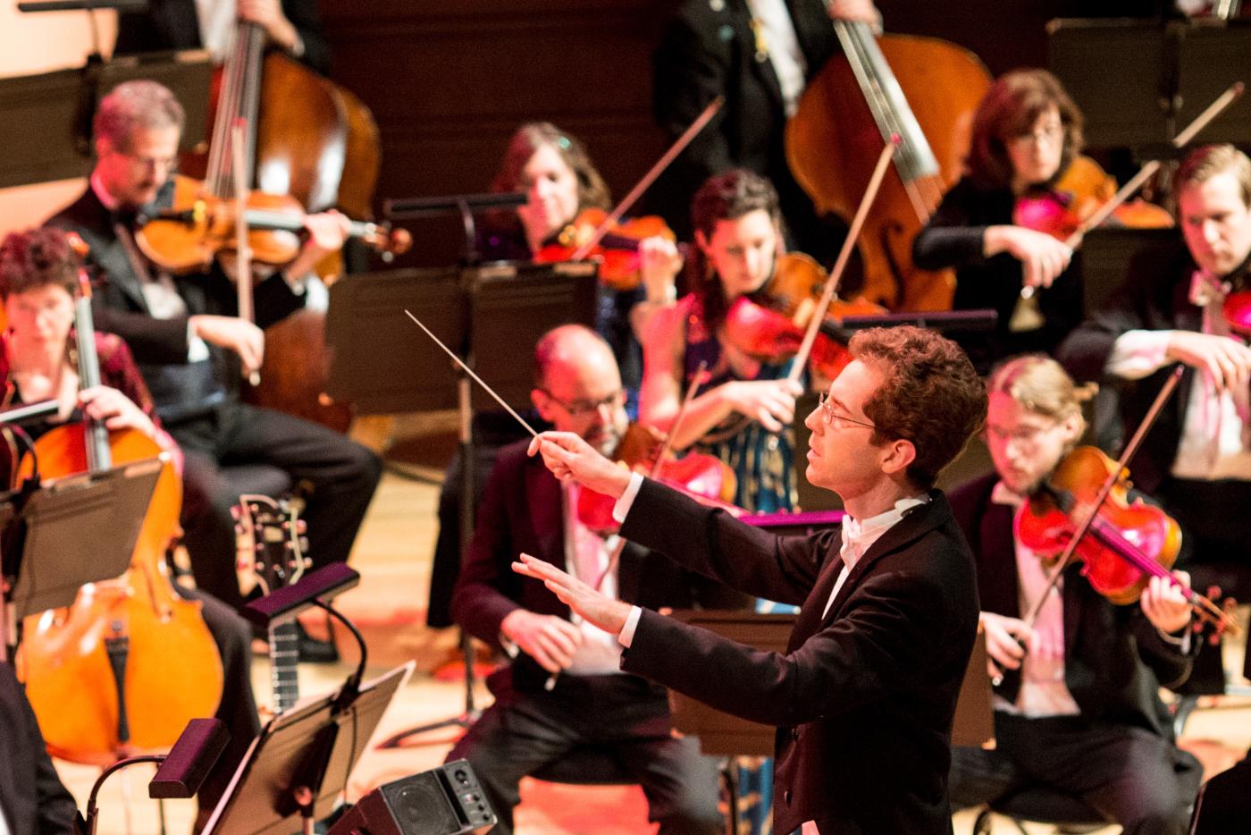 A musical conductor leading a symphony.