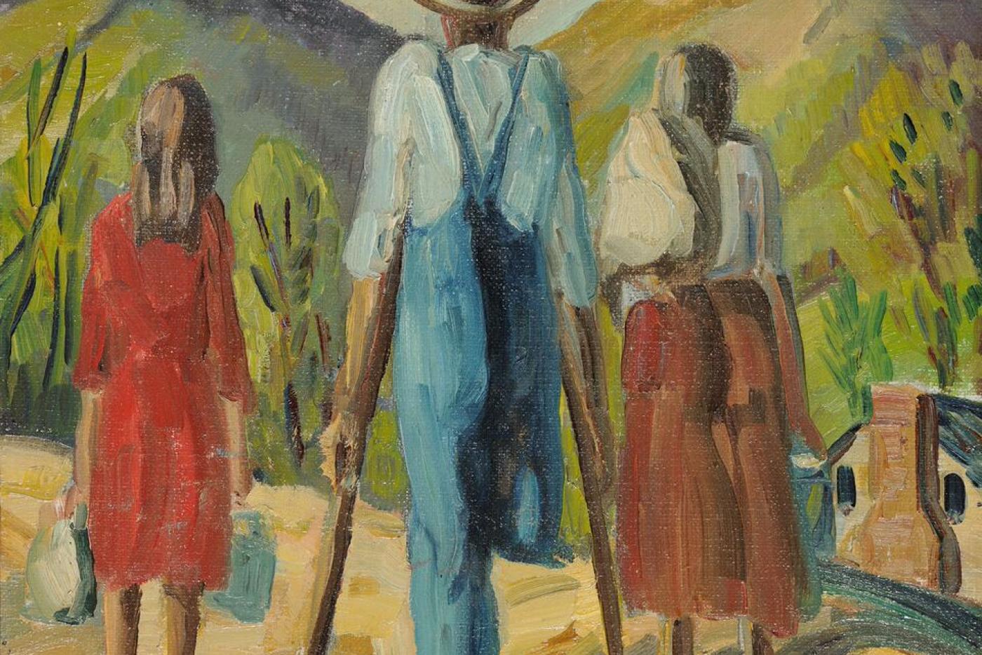 A painting of a family of farmers looking at mountains.