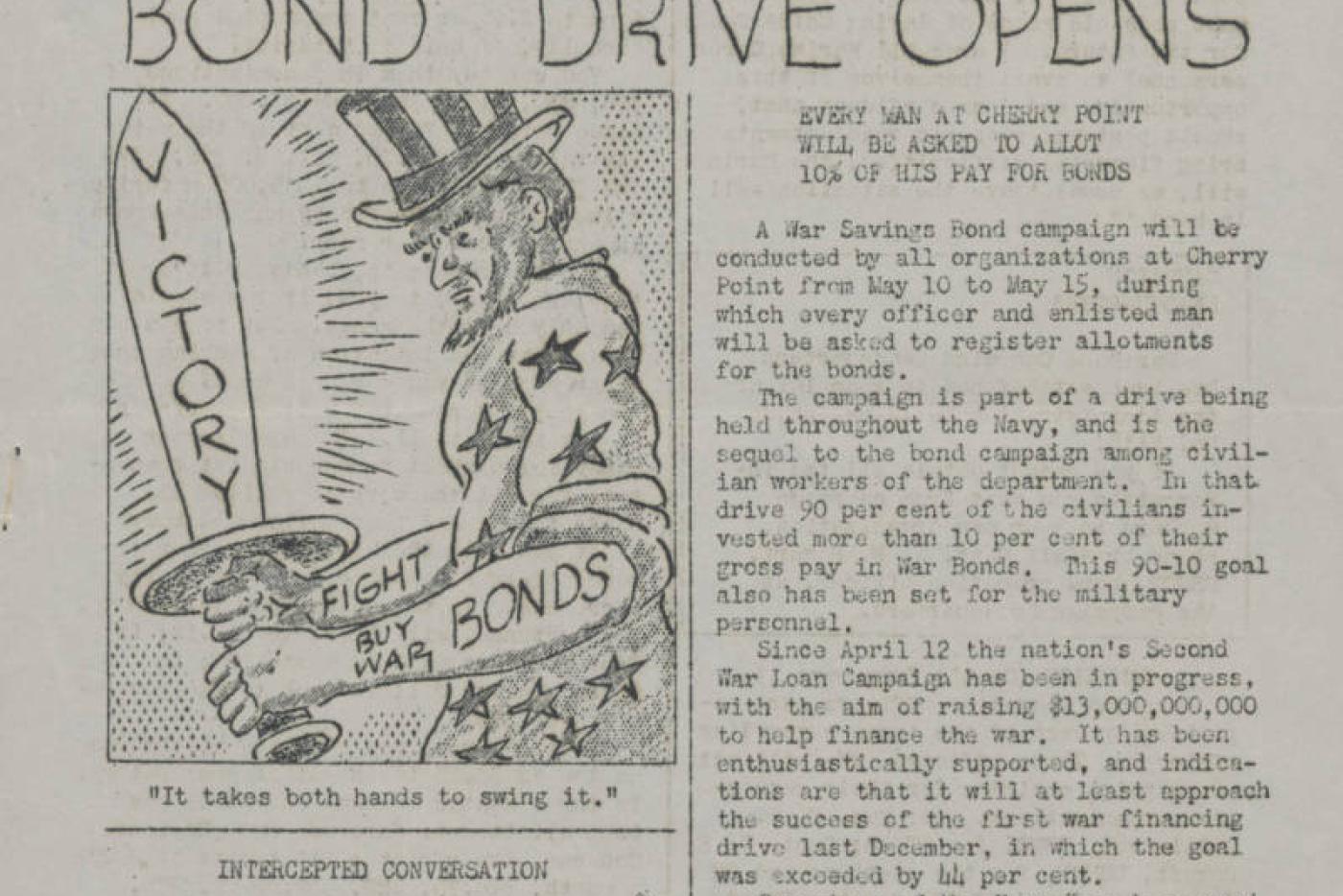 A newspaper strip featuring a political cartoon depicting Uncle Sam holding a sword.