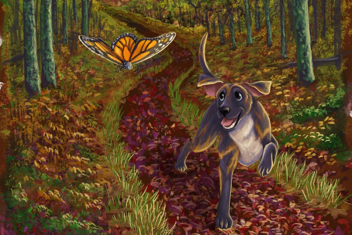 an illustrated photo of a plott hound and monarch butterfly running through a forest