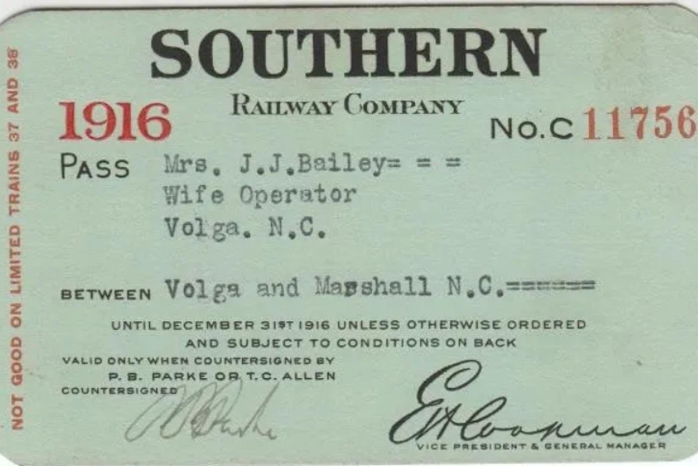 A rail pass allowing travel between Marshall, the county seat, and Volga, five miles up the French Broad. 