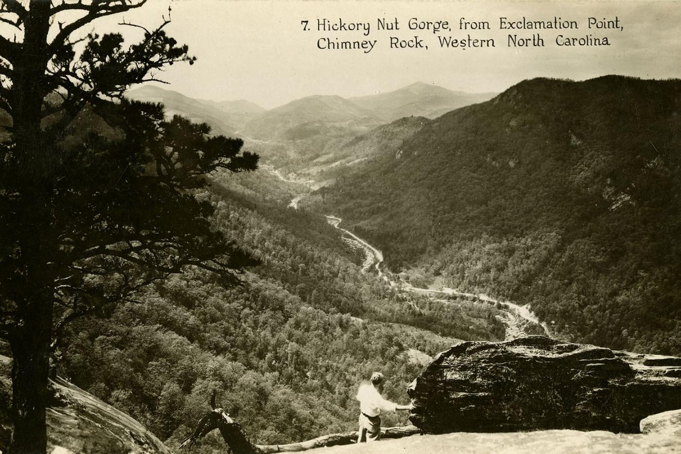 A photograph of History Nut Gorge, taken from Exclamation Point, Chimney Rock. Like many of George Masa's photos, this image became a popular postcard.