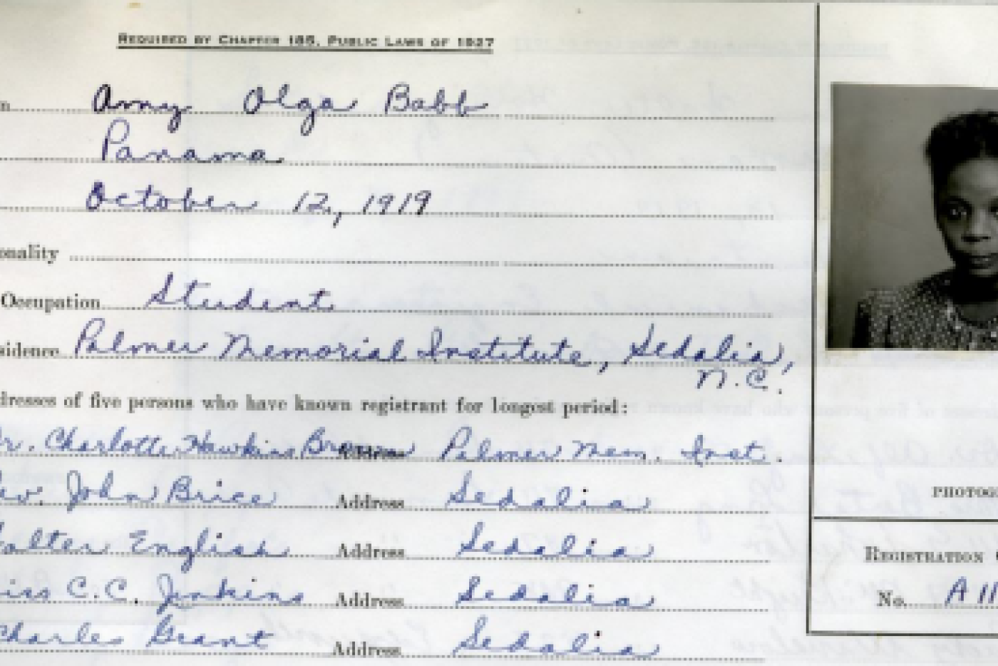 The residence registration for Amy Olga Babb, a student at Palmer Memorial Institute (now the Charlotte Hawkins Brown Museum), c. 1940, Guilford County, Alien, Naturalization and Citizenship Records, p. 90, CR.046.902.2, State Archives of N.C.