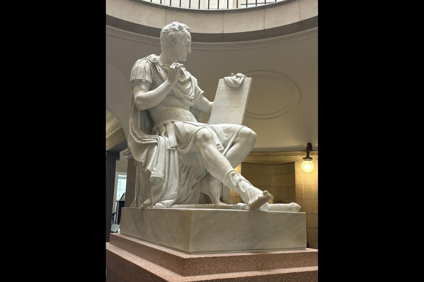 This neoclassical George Washington statue in the North Carolina State Capitol depicts him as a Roman general, demonstrating youth, strength, and studied grace.