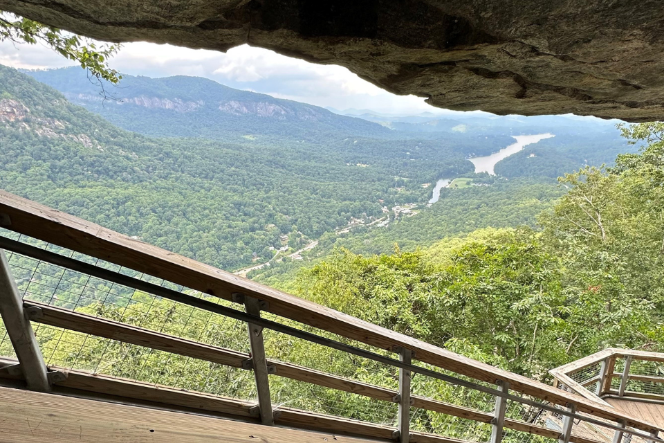 A view of the mountains from underneath Chimney Rock.