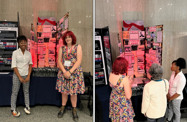 students explaining the text on an exhibit