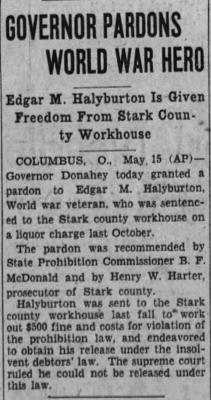 News coverage of Halyburton's pardon. Courtesy the Akron Beacon, 15 May 1928.