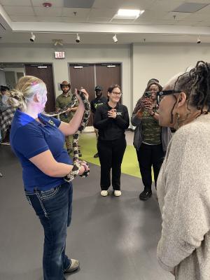 people looking at a snake held by a handler