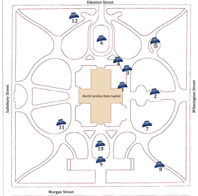 Map of the NC State Capitol Outdoor Scavenger Hunt showing the Capitol building at the center.