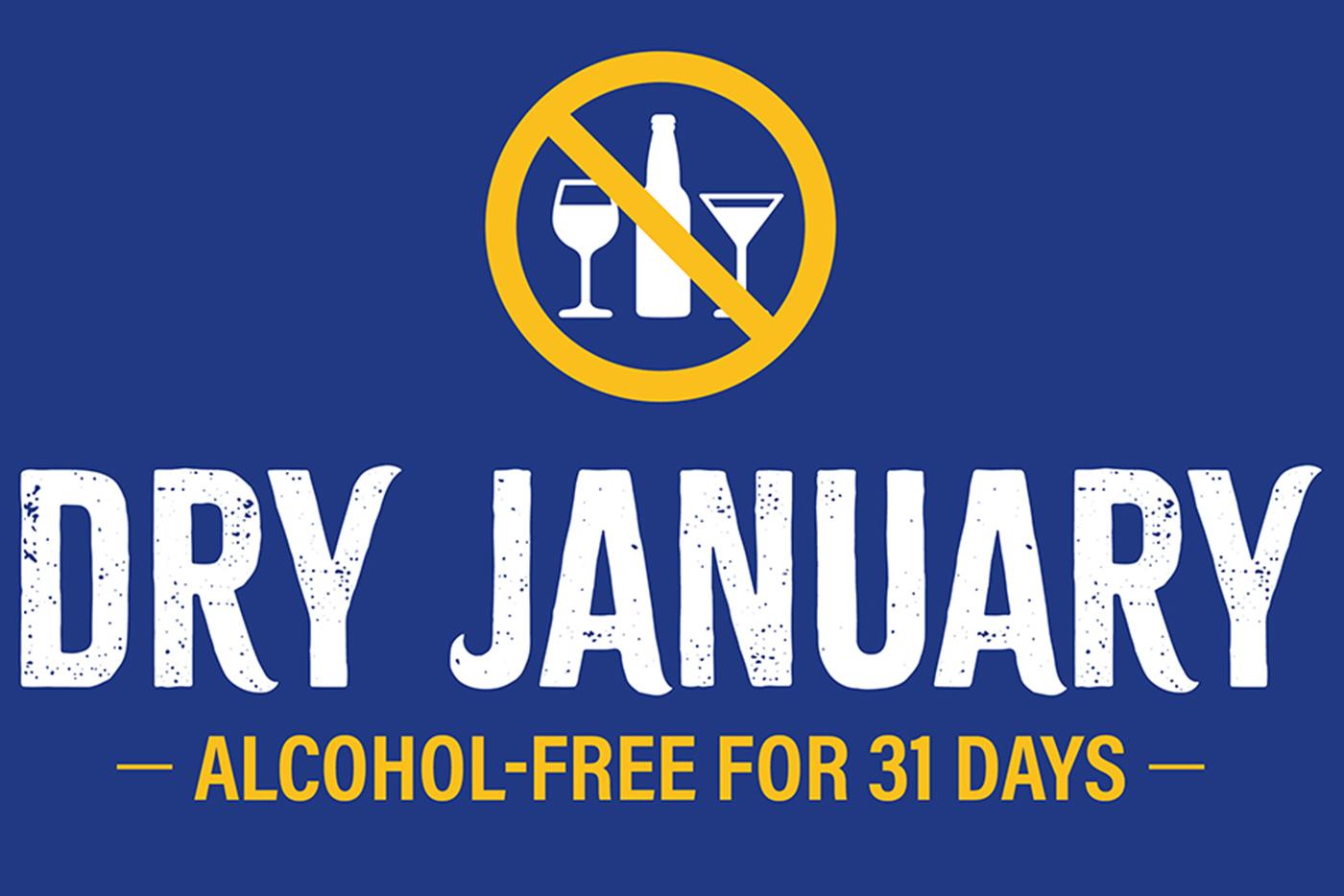 Alcoholic beverages are circled and slashed through, with words "Dry January: Alcohol-free for 31 days."