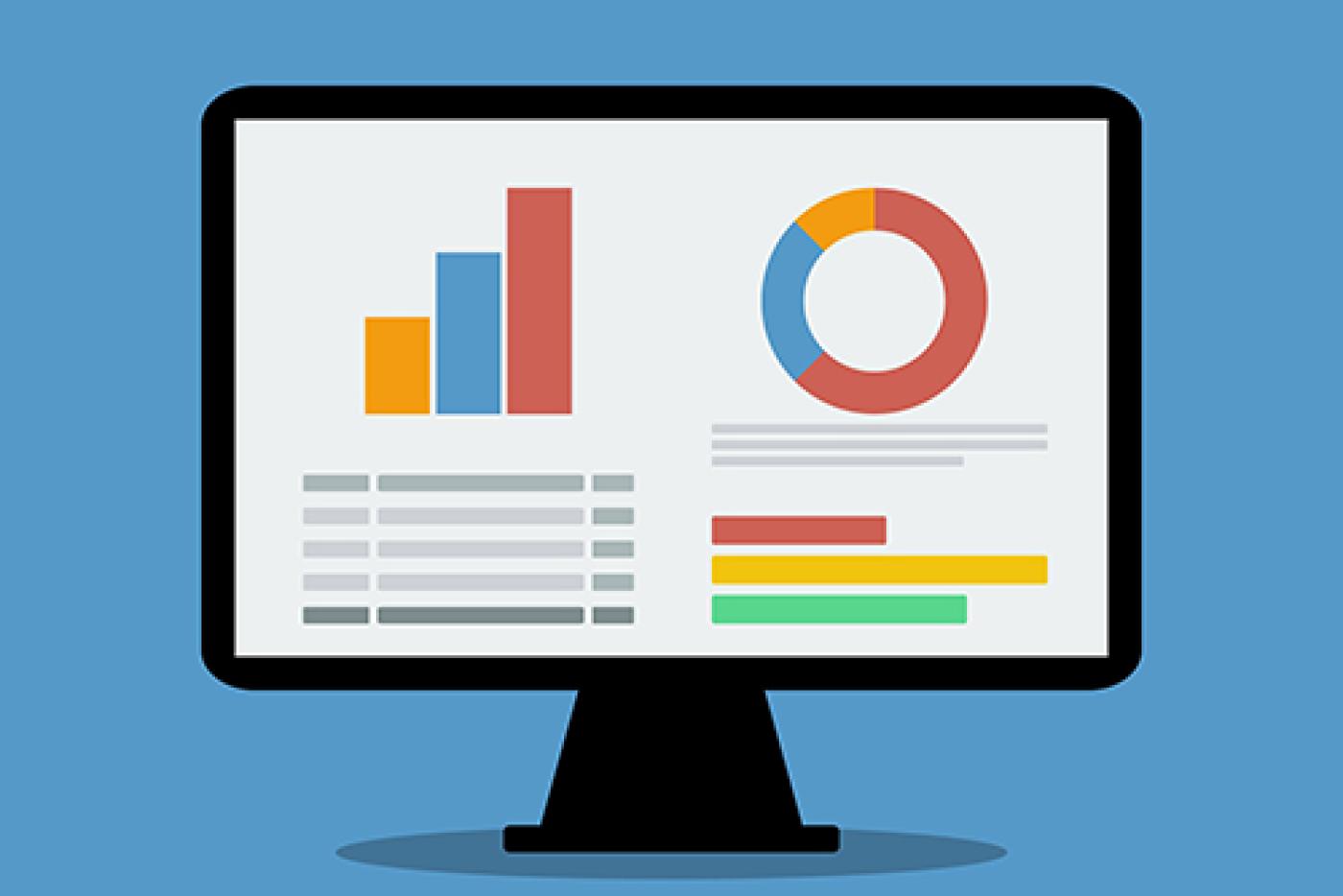 Computer screen shows bar graphs and charts.