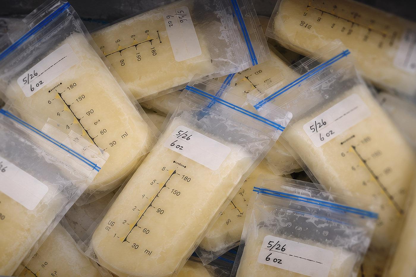 Pouches of breast milk sit in a container ready for donation.