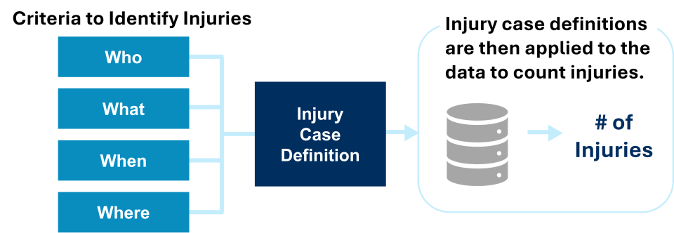 Injury case definitions use criteria like who, what, when and where to identify and count injuries from data.