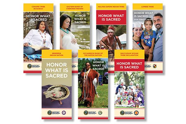 Preview image of QuitlineNC brochures for seven Native American tribes, branches, and declarations that live in North Carolina