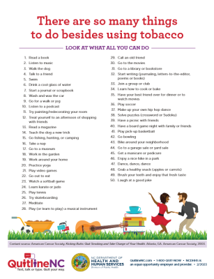 Preview image of a QuitlineNC flyer listing things to do instead of smoking in English