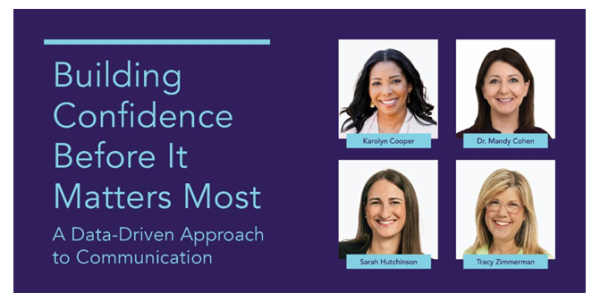 Blue background with text "Building Confidence Before It Matters Most: A Data-Driven Approach to Communication" and professional photos of presenters.