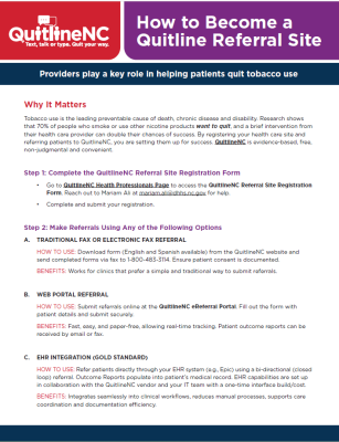 Preview image of a flyer explaining how a healthcare practice can become a Quitline NC referral site