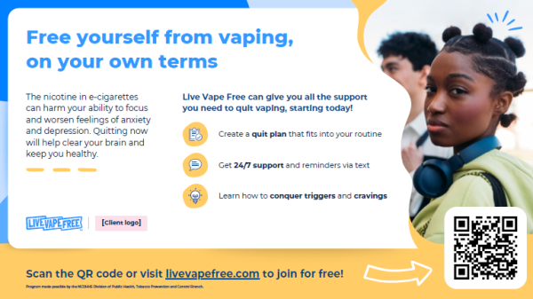 Preview image of Quitline NC Live Vape Free digital display in English