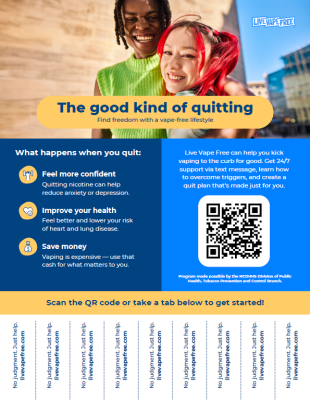 Preview image of Quitline NC Live Vape Free flyer in English with tear off tabs