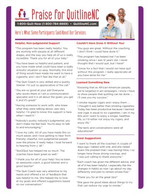 Preview Image of a two page flier of praise for the Quitline NC program from people who were successful quitting