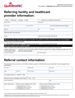 Preview image of the Quitline NC fax referral form in English