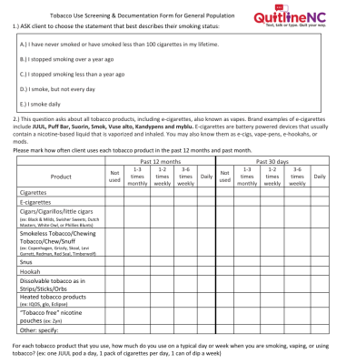 Preview image of QuitlineNC Tobacco Use Screening and Documentation form for the General Population