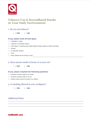 Preview image of QuitlineNC screening form for Tobacco Use and Secondhand smoke in your daily environment