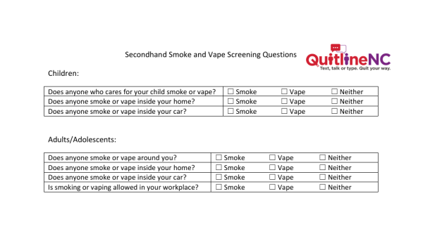 Preview image of QuitlineNC screening form for Secondhand Smoke and Vape Screening Questions