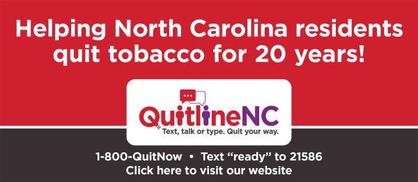 Quitline email signature or document graphic that reads Helping North Carolina residents quit tobacco for 20 years in English with red background and white letters