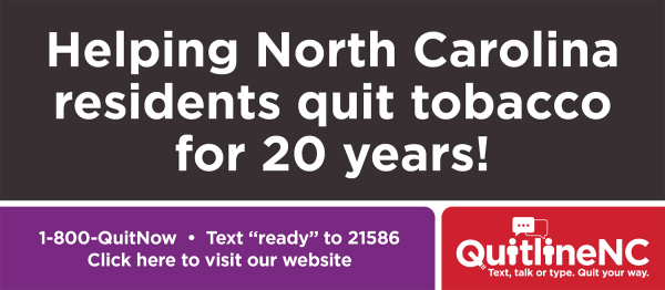 Quitline email signature or document graphic that reads Helping North Carolina residents quit tobacco for 20 years in English with black background and white letters