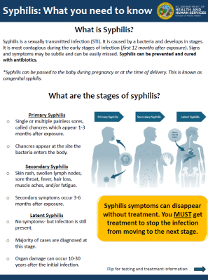 Preview image of Syphilis fact sheet titled "what you need to know" in English