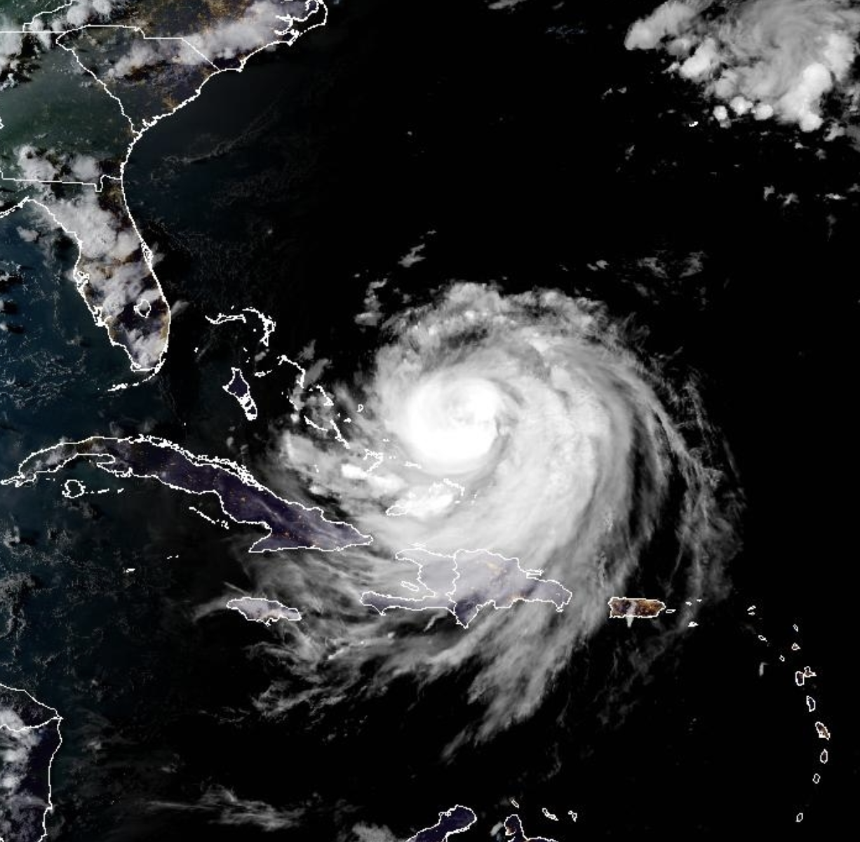 GeoColor satellite screenshot of Hurricane Erin in Atlantic Ocean