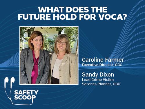 Blue graphic. Title: "What Does the Future Hold for VOCA?" Two women in professional attire pictured.