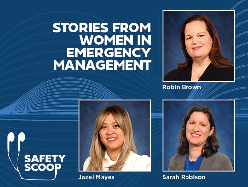 Blue graphic. Title: "Stories from Women in Emergency Management." Three female are represented on the graphic.