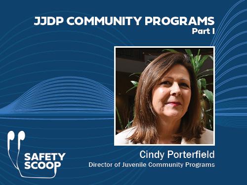 Blue graphic. Title: "JJDP Community Programs, Part I." White female below title.
