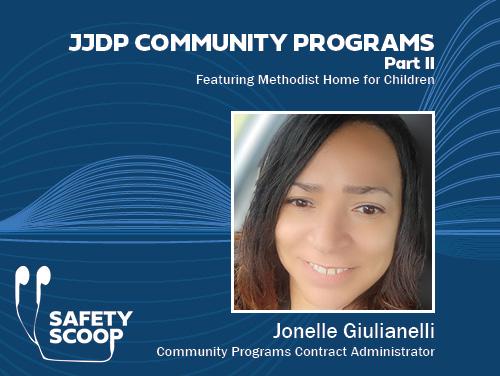 Blue graphic. Title: "JJDP Community Programs - Part II". Photo of Jonelle Giulianelli.