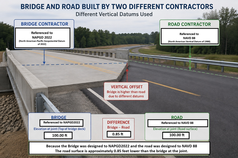 Shows where a road meets a bridge at a different height.