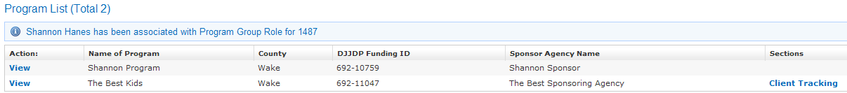 Program List table with Client Tracking link highlighted