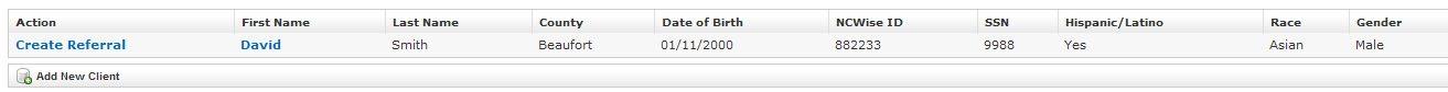 Search results table showing matching client record