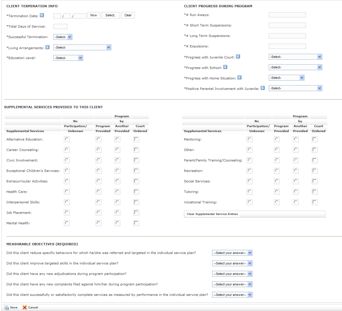 Client Termination Info screen showing various fields and options