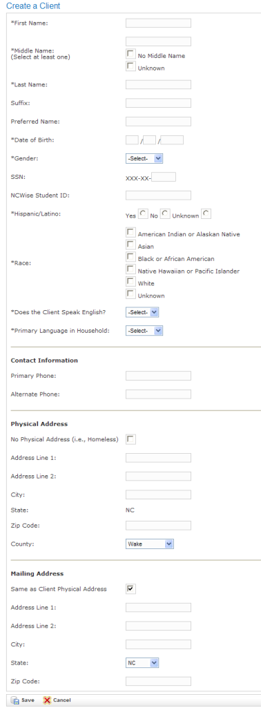 Create a Client form showing demographic and contact fields