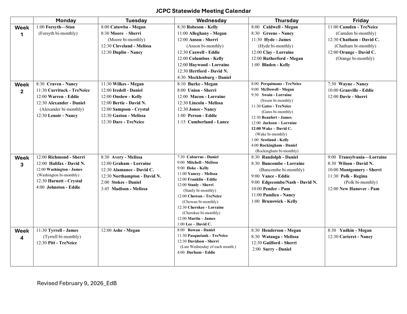Four week calendar of meetings