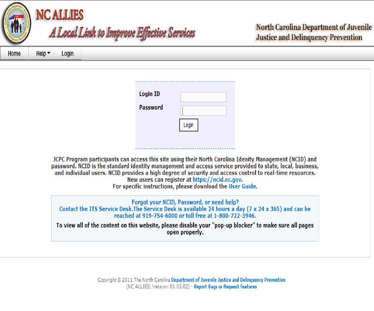 NC ALLIES Login screen showing Login ID and Password fields