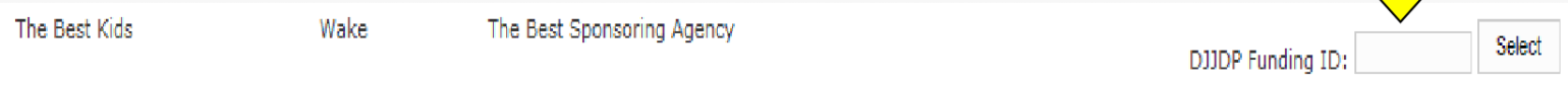 Search results showing DJJ Funding ID field and Select button